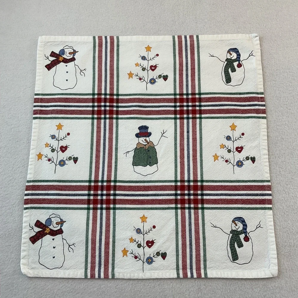 St Nicholas Square Snowman Plaid Cotton Napkins Set of 9 White Red Green Holiday